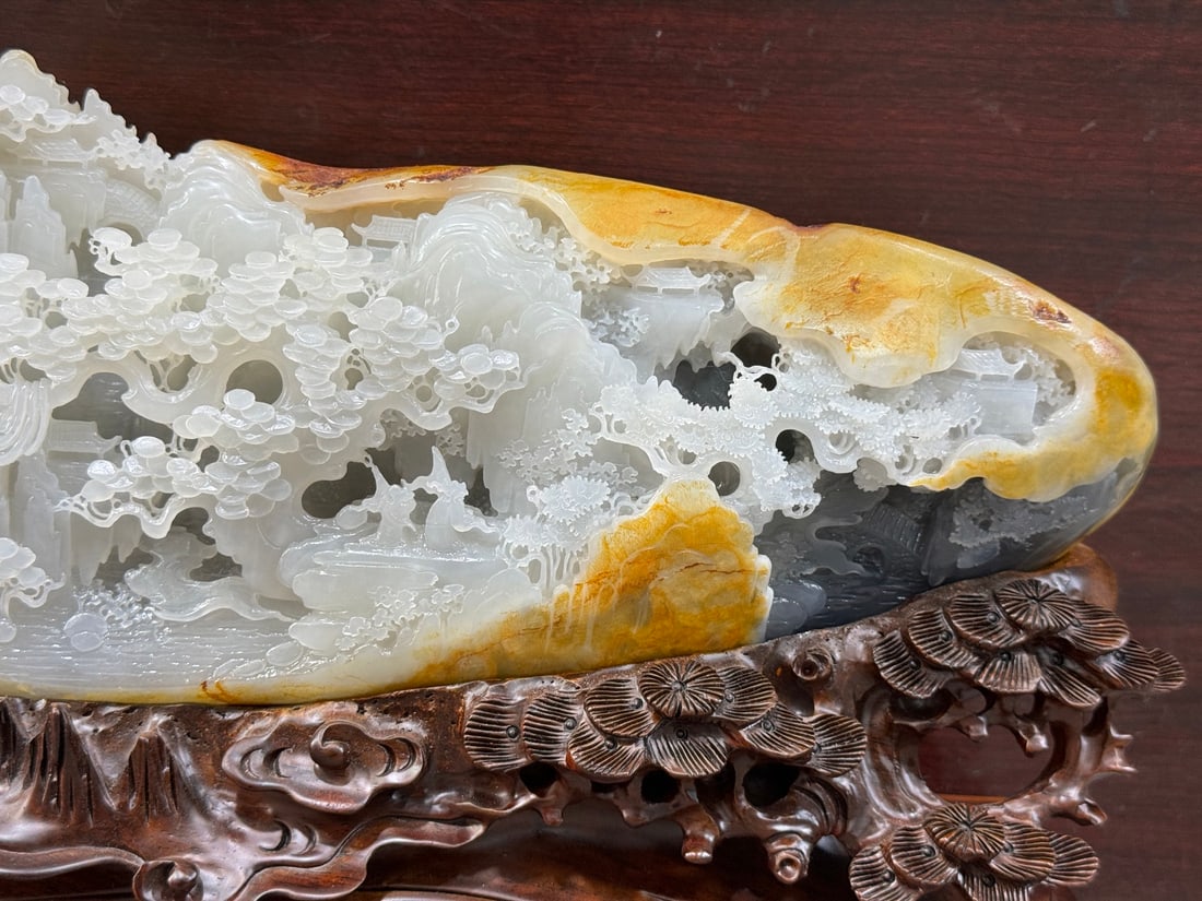 Original Stone Hetian Jade Hand-Carved Mountain Statue w Playing Chess Old Men 9000g - 8