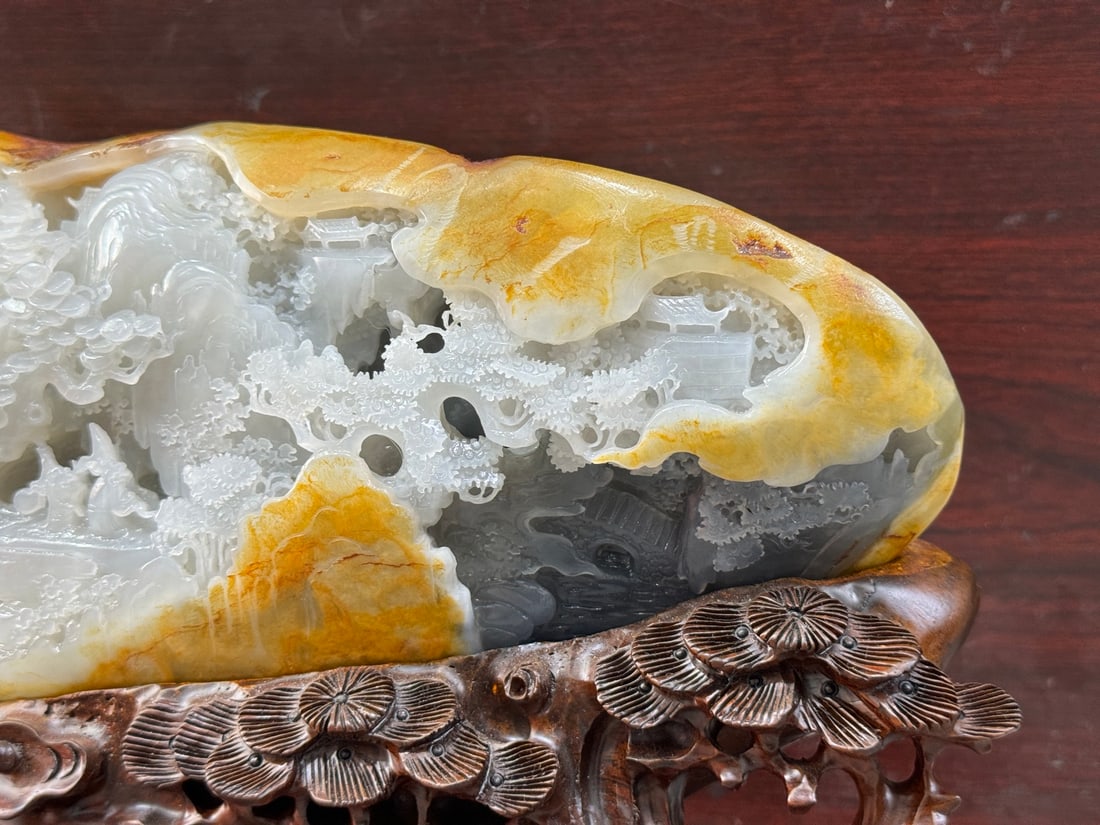 Original Stone Hetian Jade Hand-Carved Mountain Statue w Playing Chess Old Men 9000g - 9