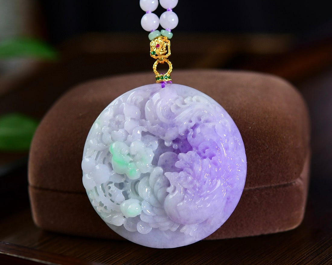 Purple Green Jadeite Hand-Carved Pendant w Phoenix & Peony & Hand Woven Beads Necklace: Title: Purple Green Jadeite Hand-Carved Pendant w Phoenix & Peony & Hand Woven Beads Necklace Origin: Chinese Date/Period: After2025 Materials: Jadeite Dimensions: 51.7 x 11.8 (mm) 2.03 x 0.46