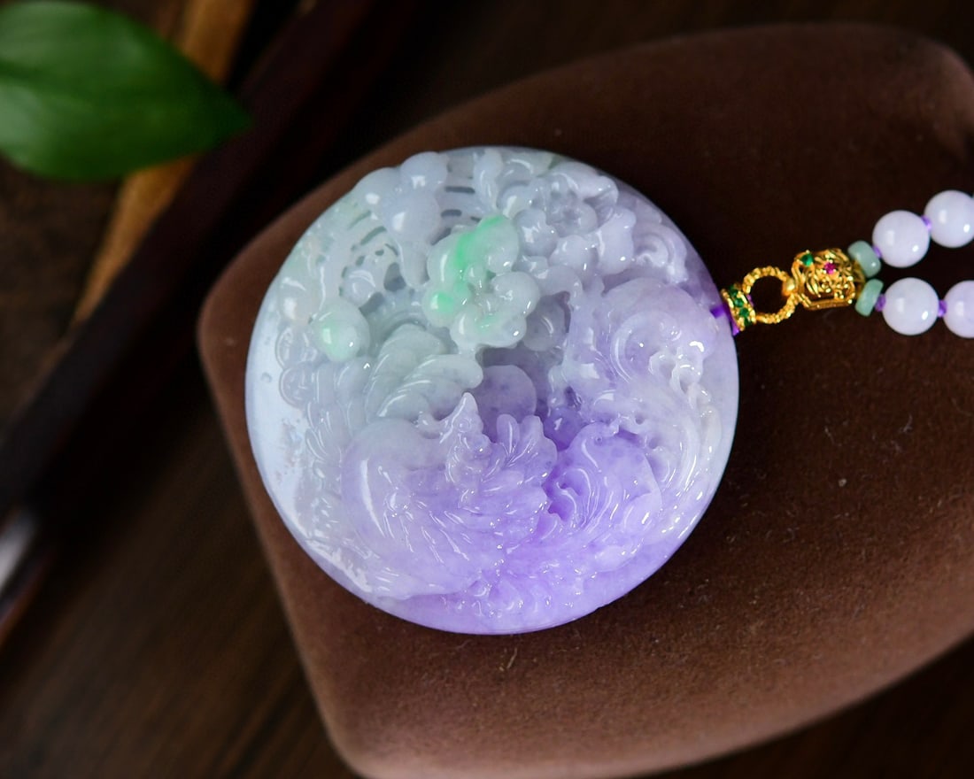 Purple Green Jadeite Hand-Carved Pendant w Phoenix & Peony & Hand Woven Beads Necklace - 3
