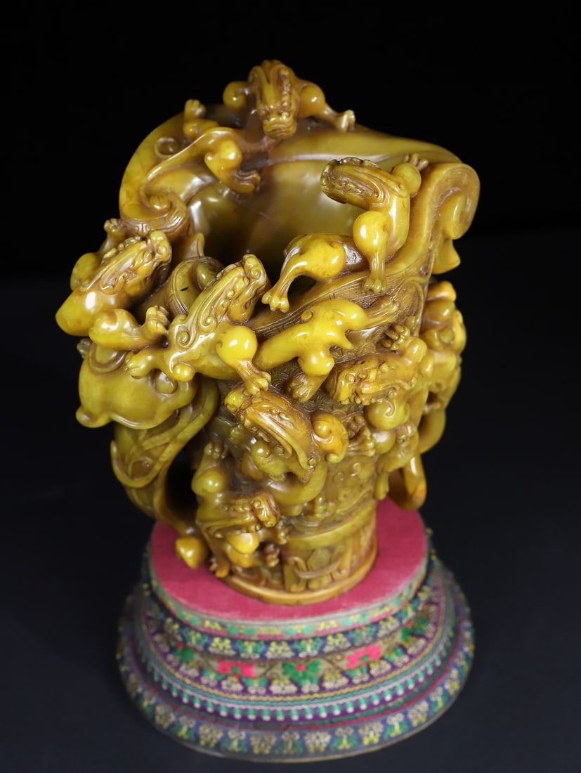 Vintage Tianhuang Shoushan Soapstone Hand-Carved Cup Chi Dragon,Ruyi - 2