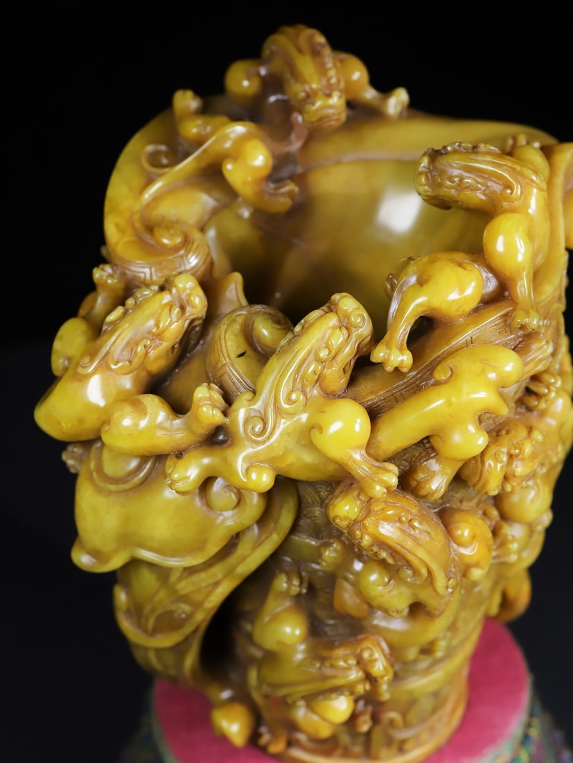 Vintage Tianhuang Shoushan Soapstone Hand-Carved Cup Chi Dragon,Ruyi - 3