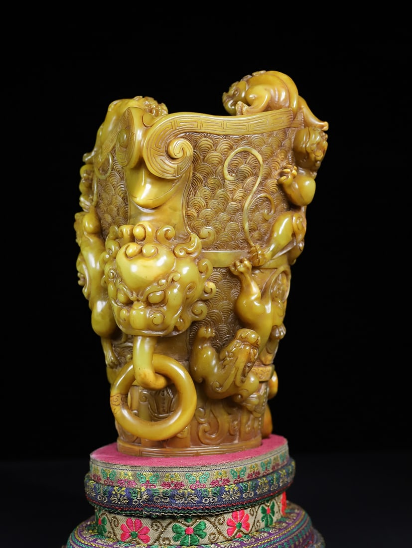 Vintage Tianhuang Shoushan Soapstone Hand-Carved Cup Chi Dragon,Ruyi - 7