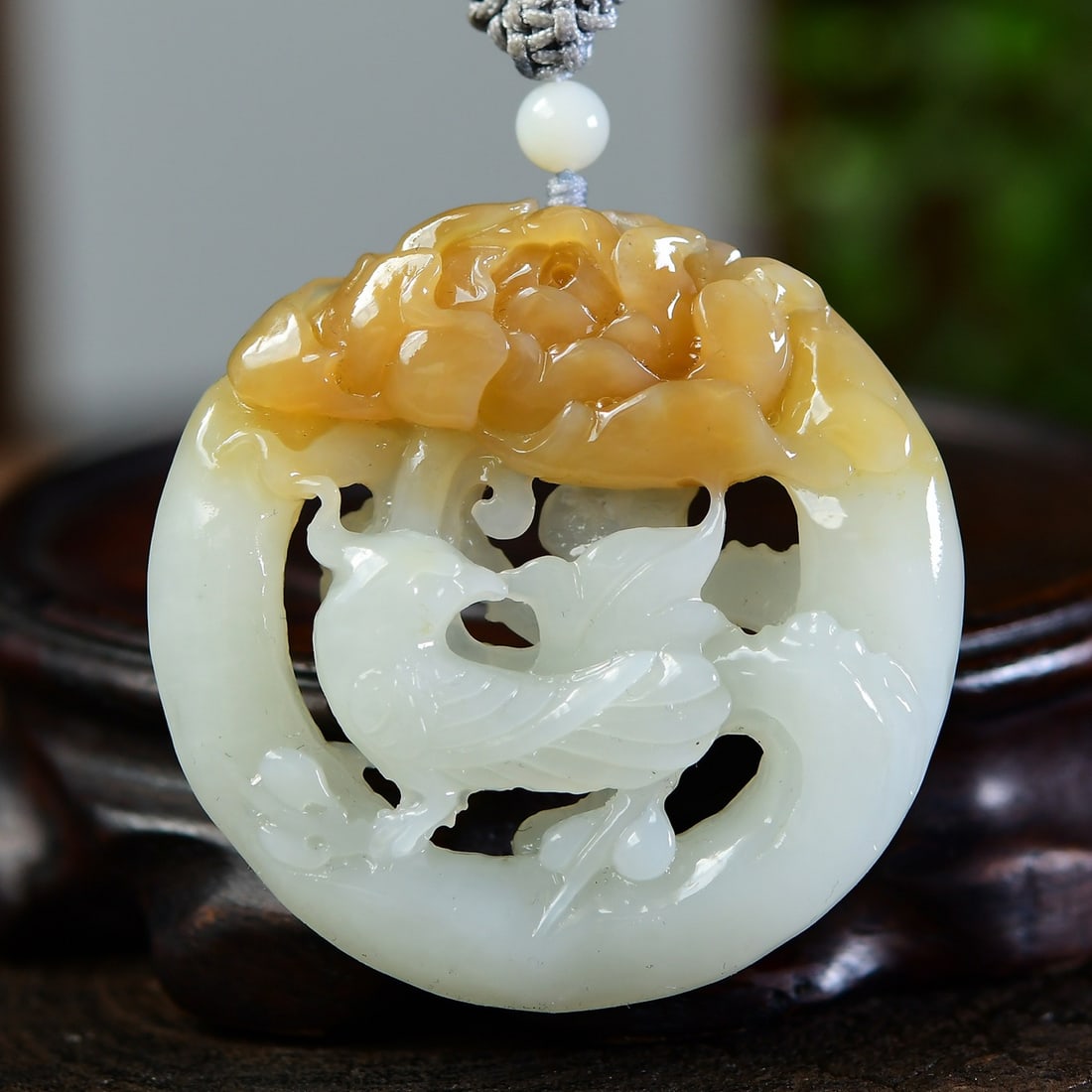 Natural Sugar White Hetian Jade Hand-Carved Animal Pendant w Plum Flower & Magpie - 2