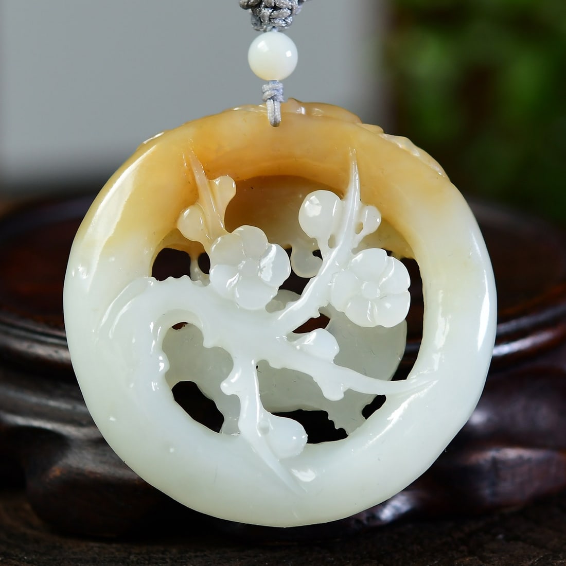 Natural Sugar White Hetian Jade Hand-Carved Animal Pendant w Plum Flower & Magpie - 3