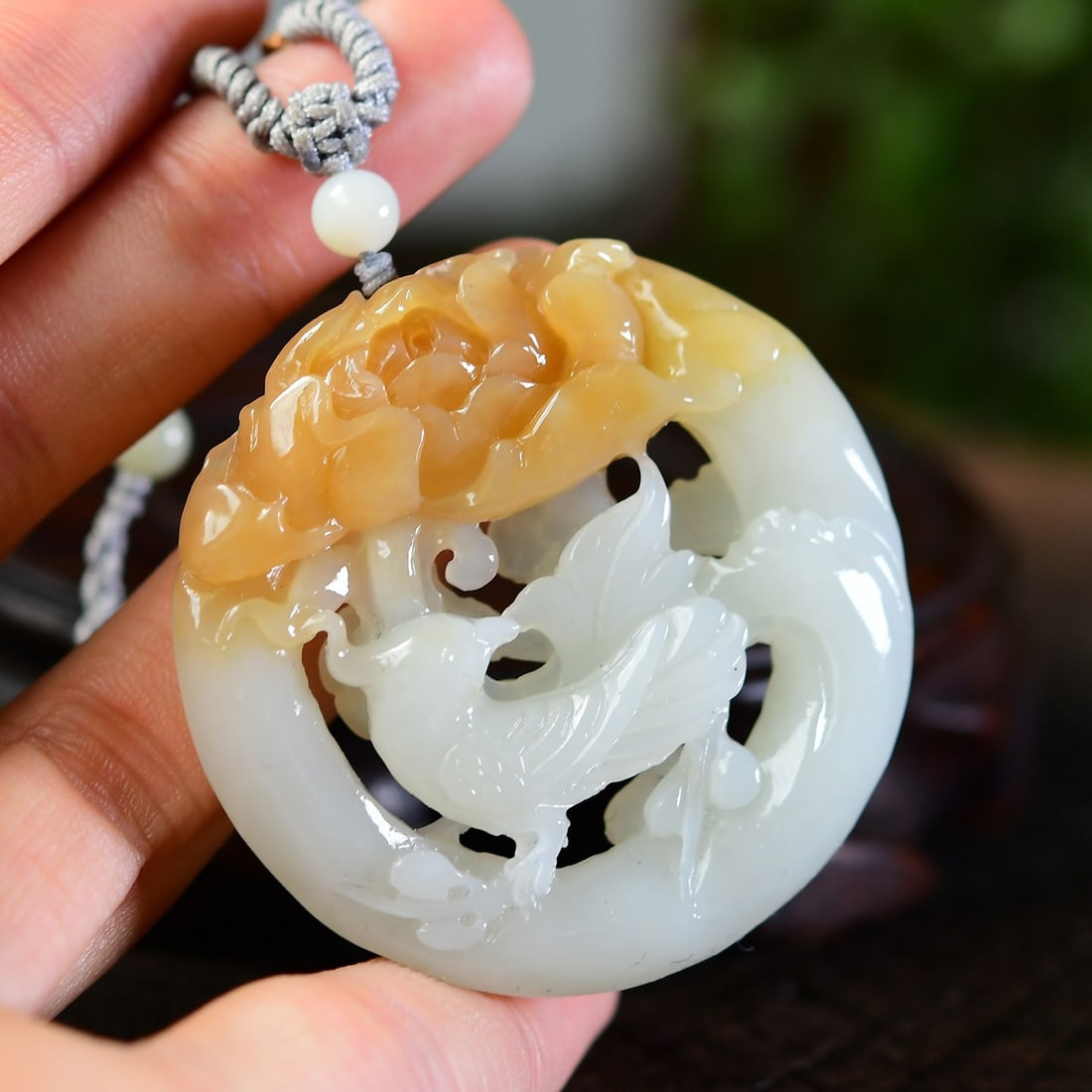 Natural Sugar White Hetian Jade Hand-Carved Animal Pendant w Plum Flower & Magpie - 4