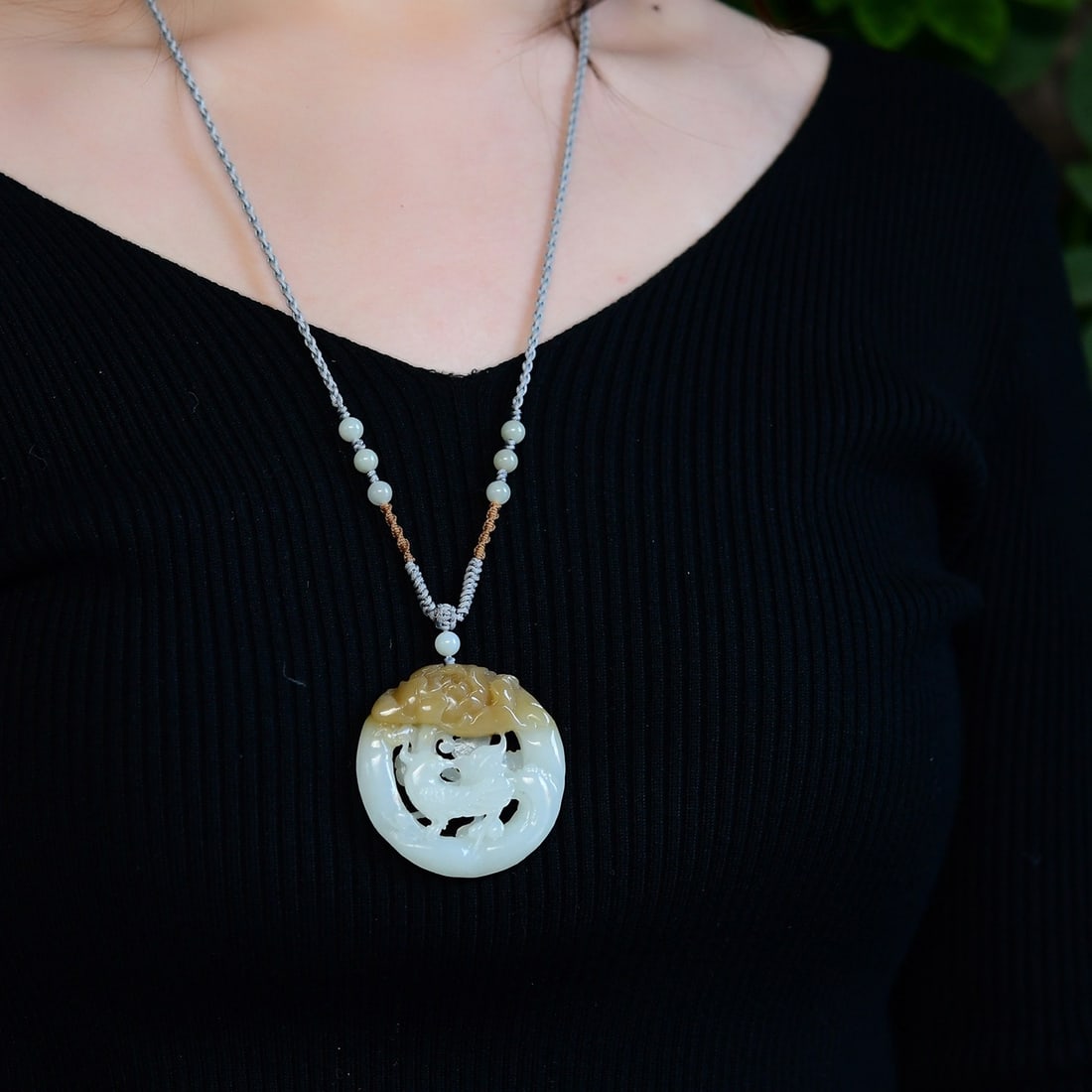 Natural Sugar White Hetian Jade Hand-Carved Animal Pendant w Plum Flower & Magpie - 5