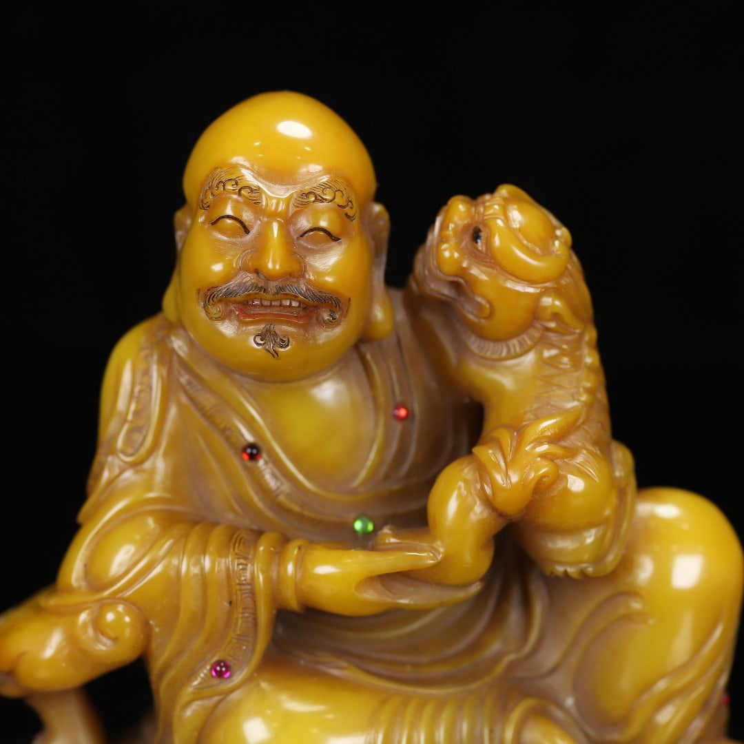 Vintage Tianhuang Shoushan Soapstone Hand-Carved Seal/Stamp Arhat,Ruyi - 3