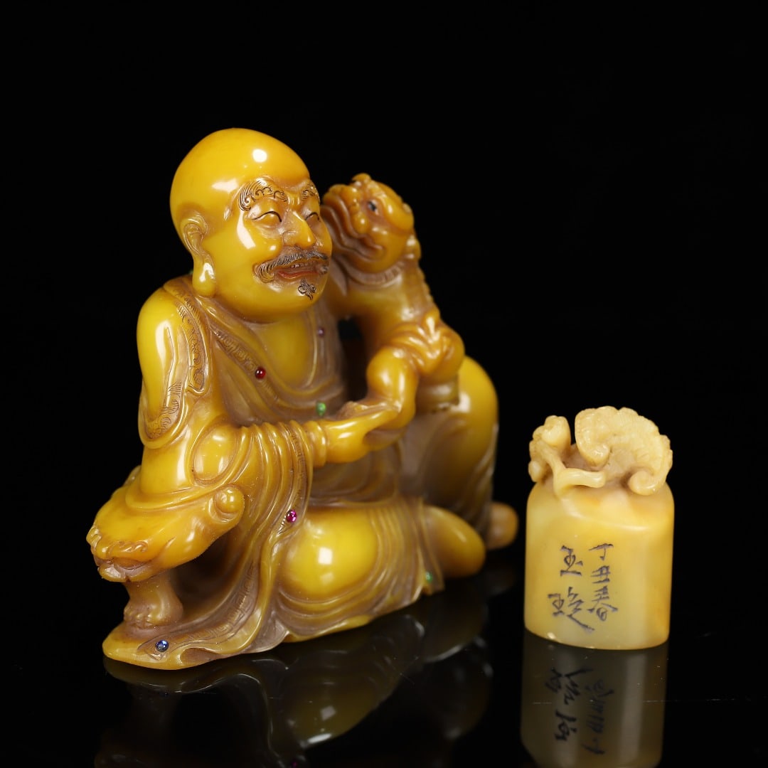 Vintage Tianhuang Shoushan Soapstone Hand-Carved Seal/Stamp Arhat,Ruyi - 7