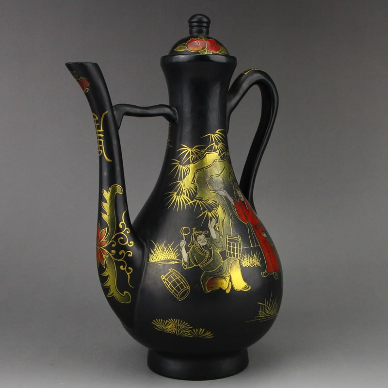 Gilt Gold Black Lacquerware Wine Pot w Qianlong Mark - 2
