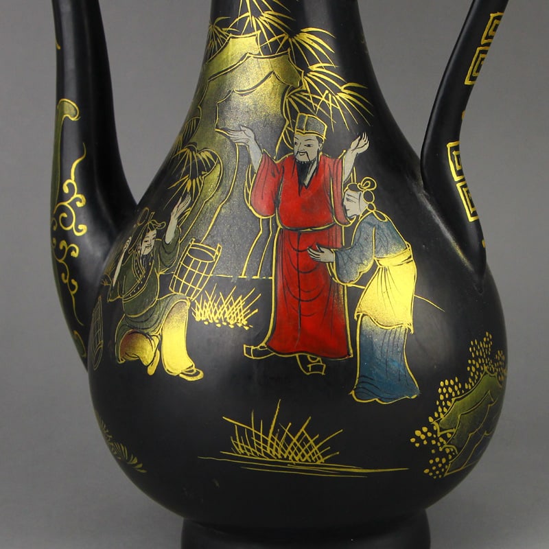 Gilt Gold Black Lacquerware Wine Pot w Qianlong Mark - 6