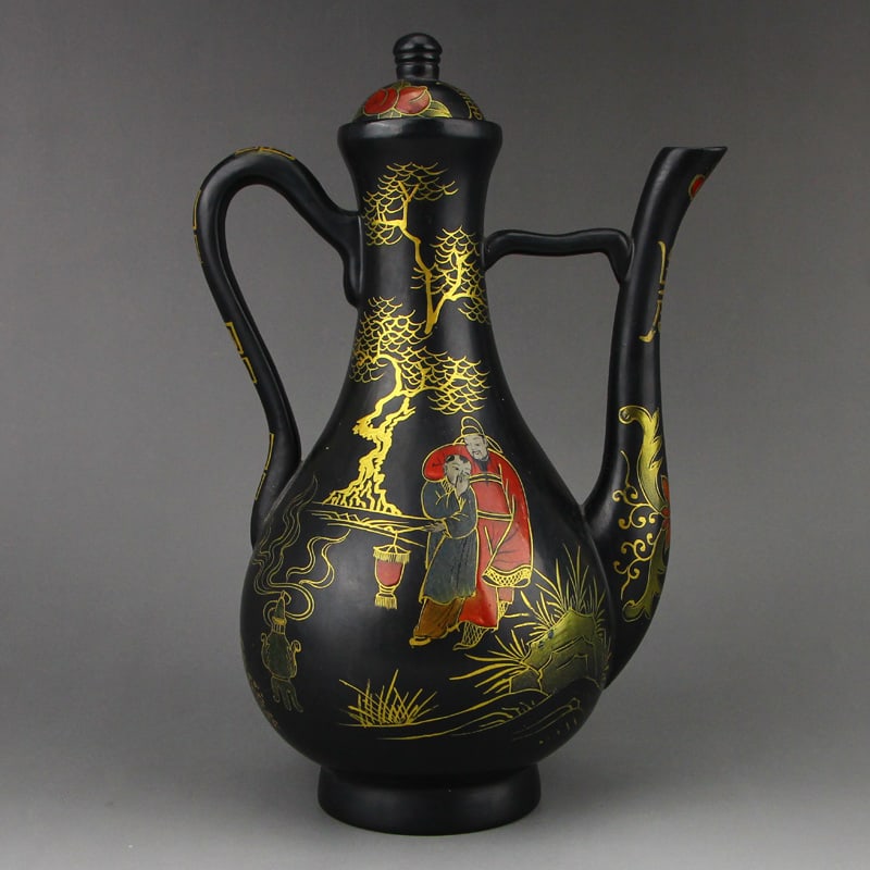 Gilt Gold Black Lacquerware Wine Pot w Qianlong Mark - 7