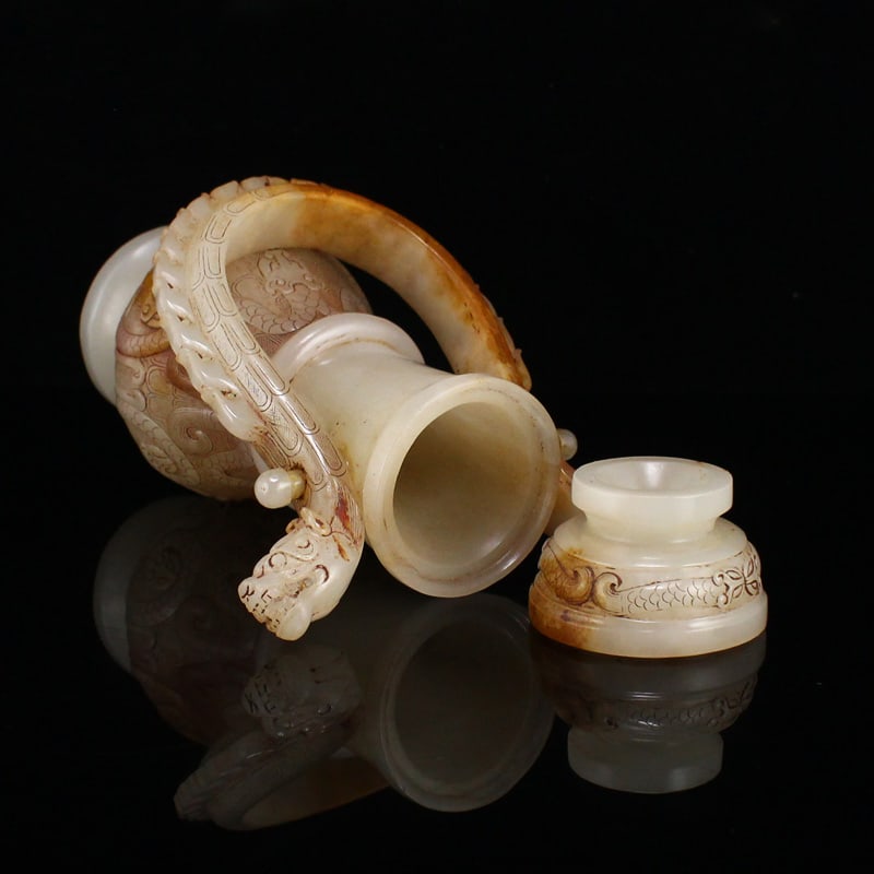 Hetian Jade Handle Bottle Dragon Head,Beast,Old - 10