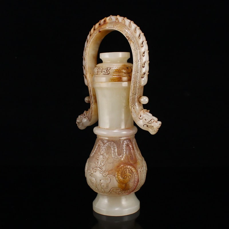 Hetian Jade Handle Bottle Dragon Head,Beast,Old - 4