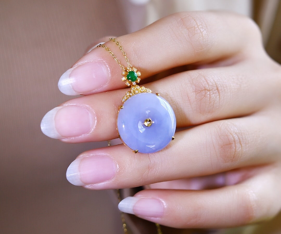 18K Gold Inlay Purple Jadeite Lucky Pendant with Certificate - 7