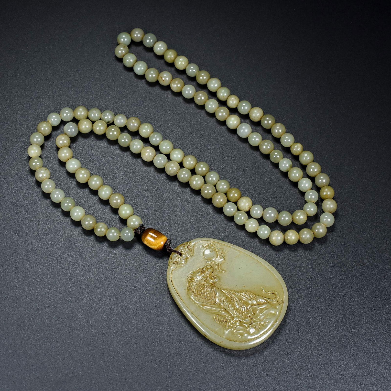108 Beads Hetian Jade Round Beads Necklace - Tiger Pendant - 2