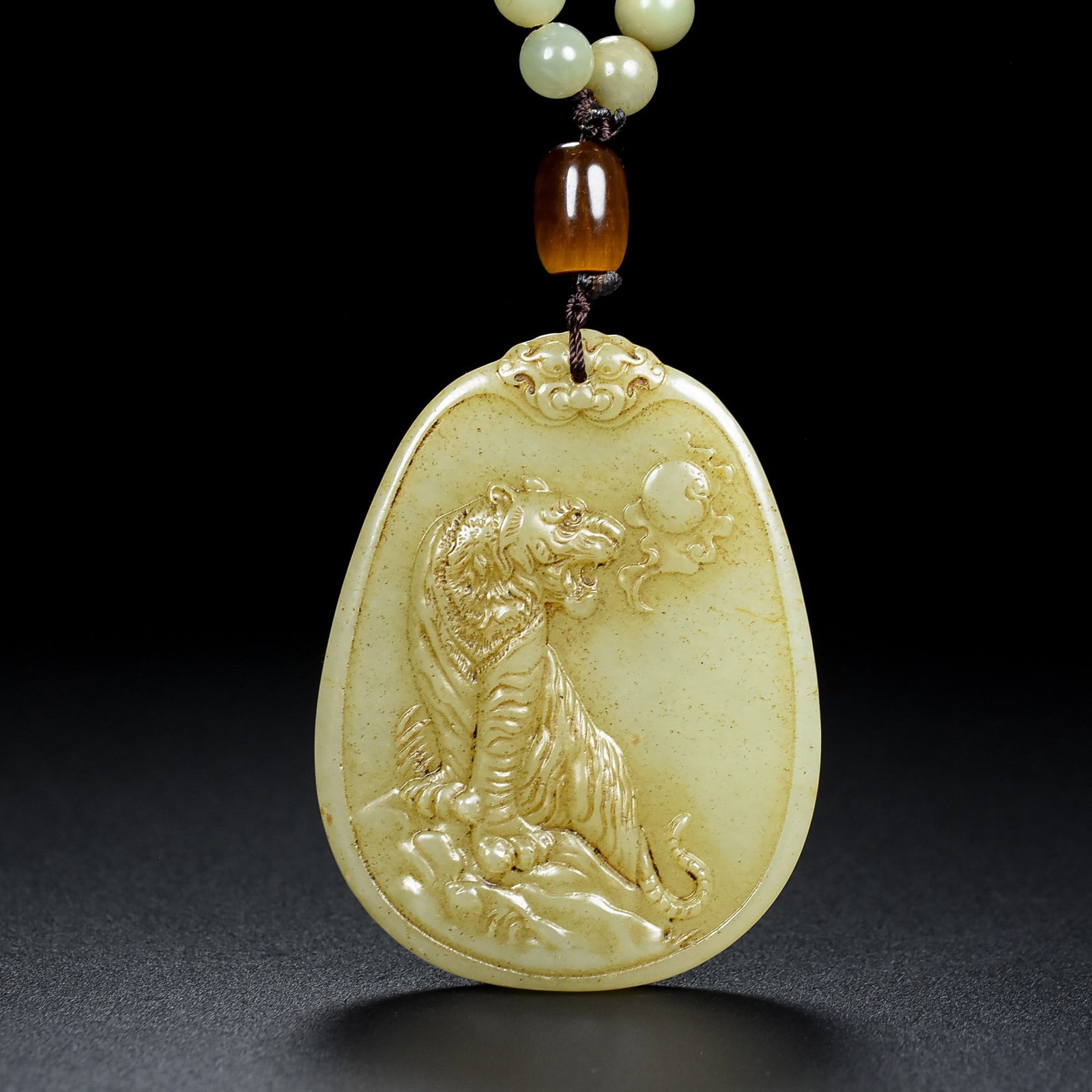 108 Beads Hetian Jade Round Beads Necklace - Tiger Pendant - 4