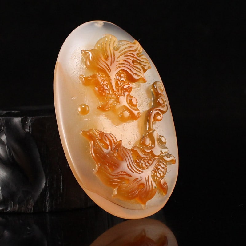 Agate Low Relief Goldfish Pendant w Certificate - 2