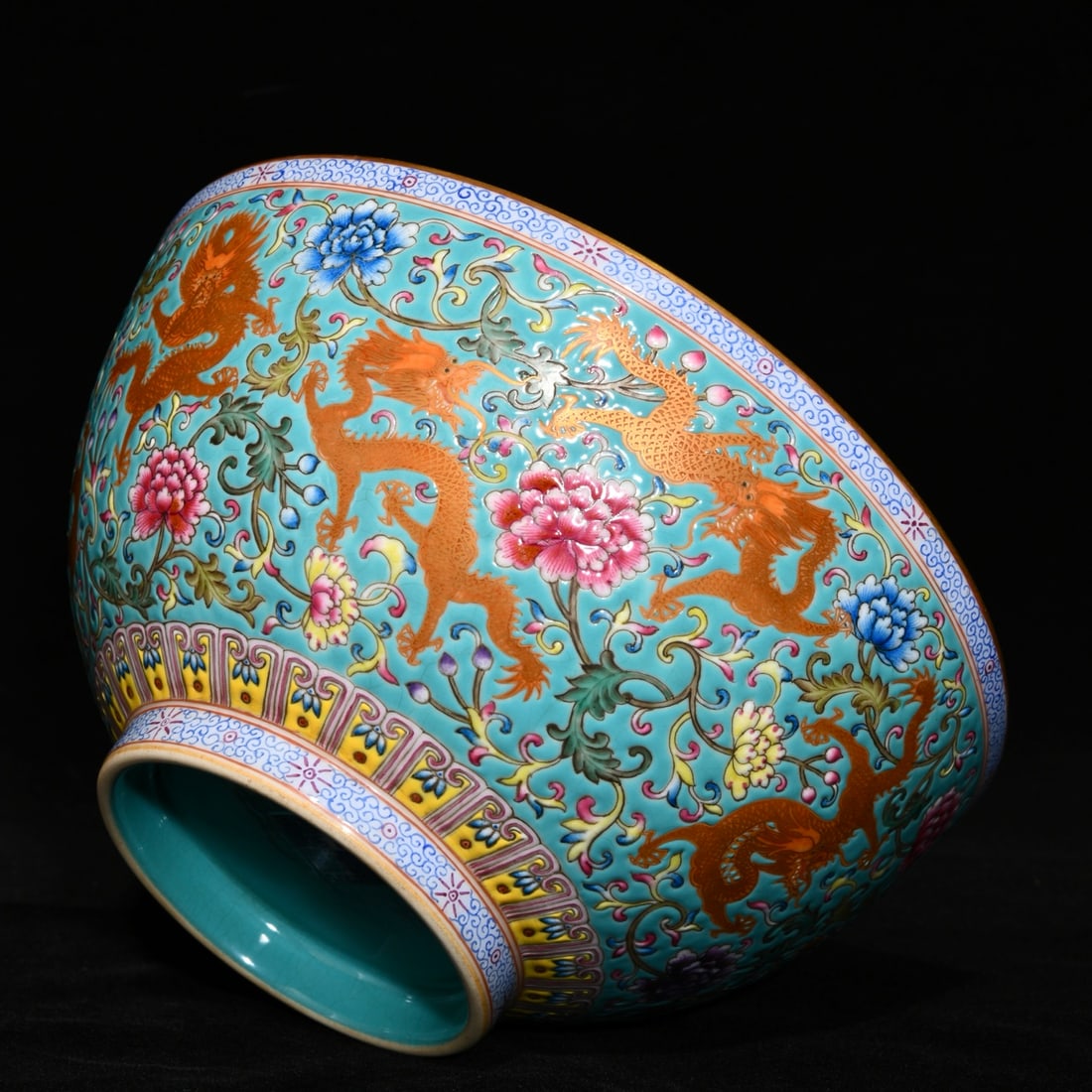 Porcelain Bowl Famille Rose Nine Dragon,Flower,Qianlong Mark - 5