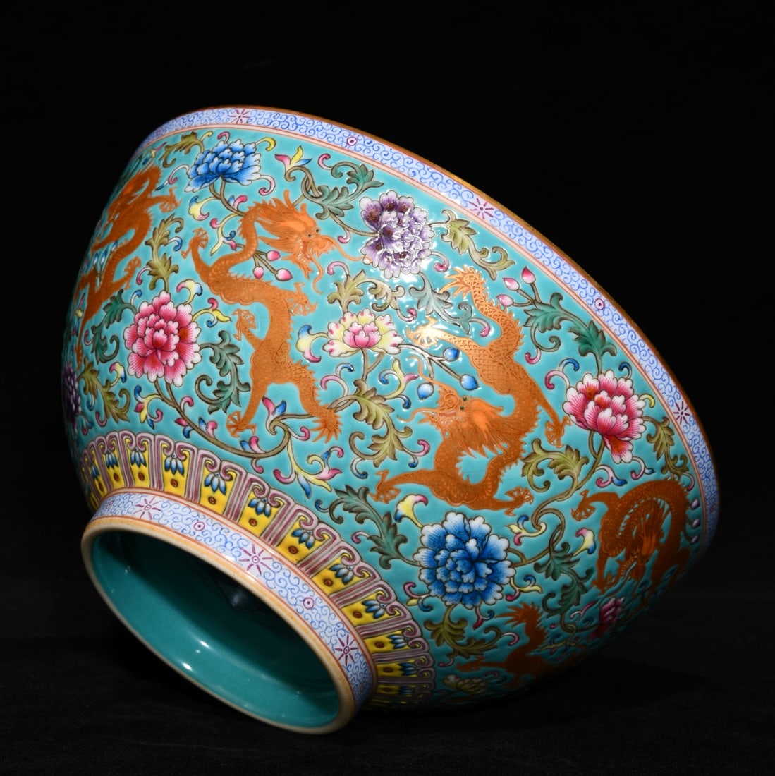 Porcelain Bowl Famille Rose Nine Dragon,Flower,Qianlong Mark - 7