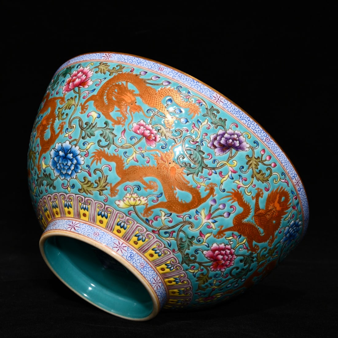 Porcelain Bowl Famille Rose Nine Dragon,Flower,Qianlong Mark - 8