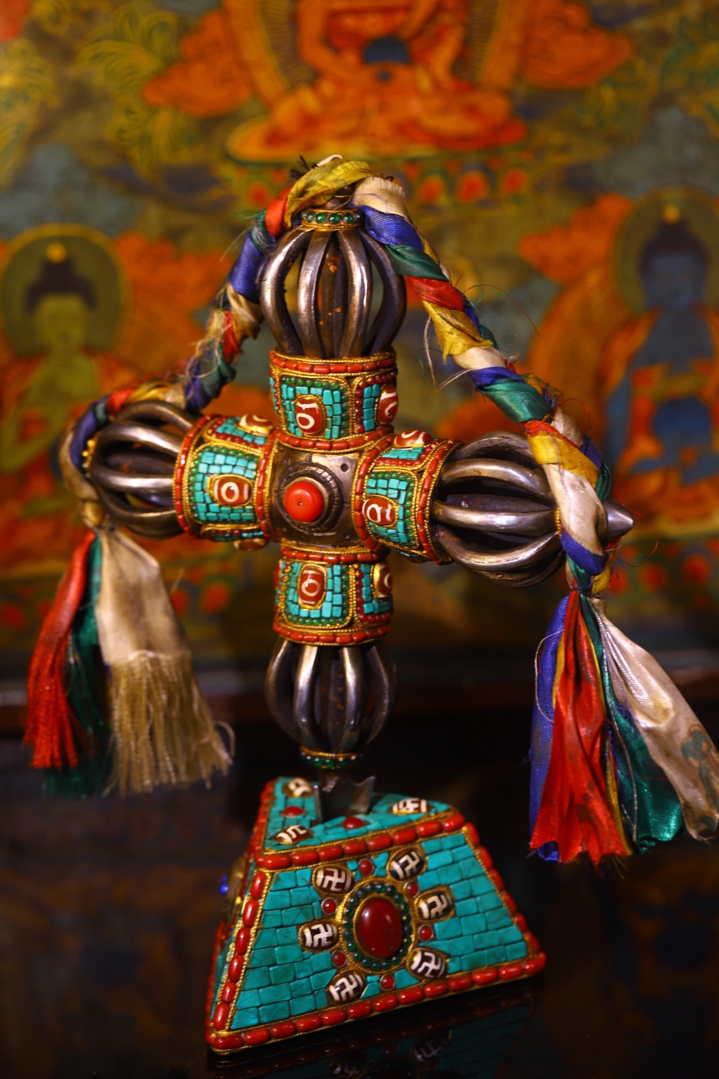 Tibetan Iron Inlay DZI Agate,Turquoise Statue - Pestle xiangmo - 2