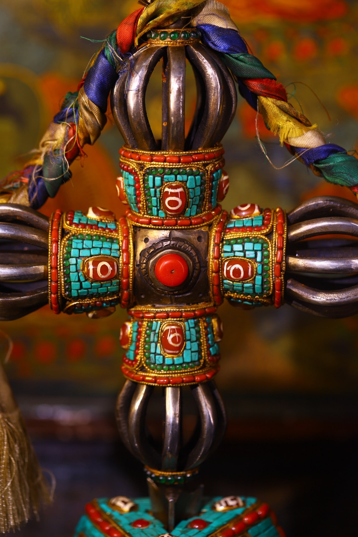 Tibetan Iron Inlay DZI Agate,Turquoise Statue - Pestle xiangmo - 3