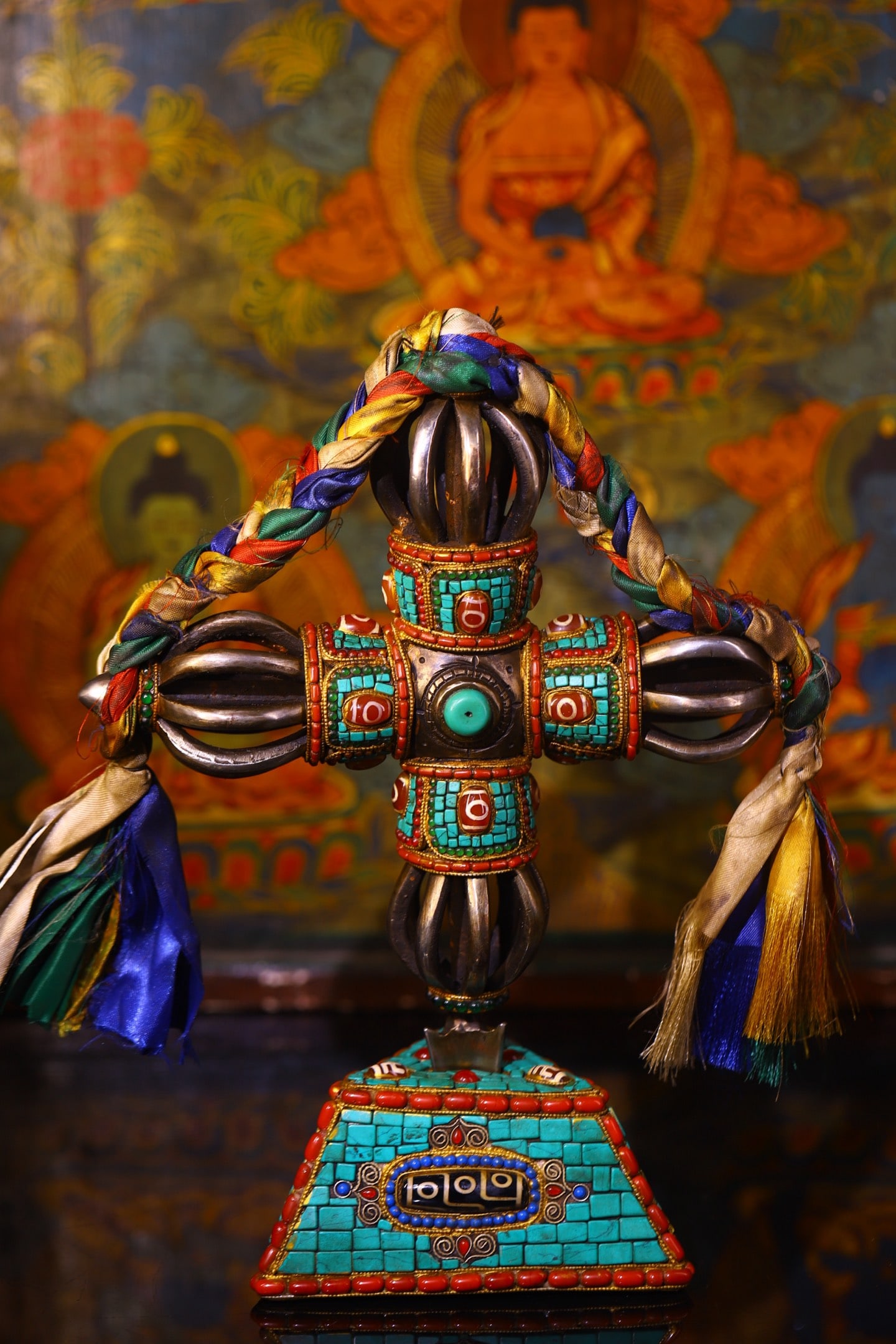 Tibetan Iron Inlay DZI Agate,Turquoise Statue - Pestle xiangmo - 4