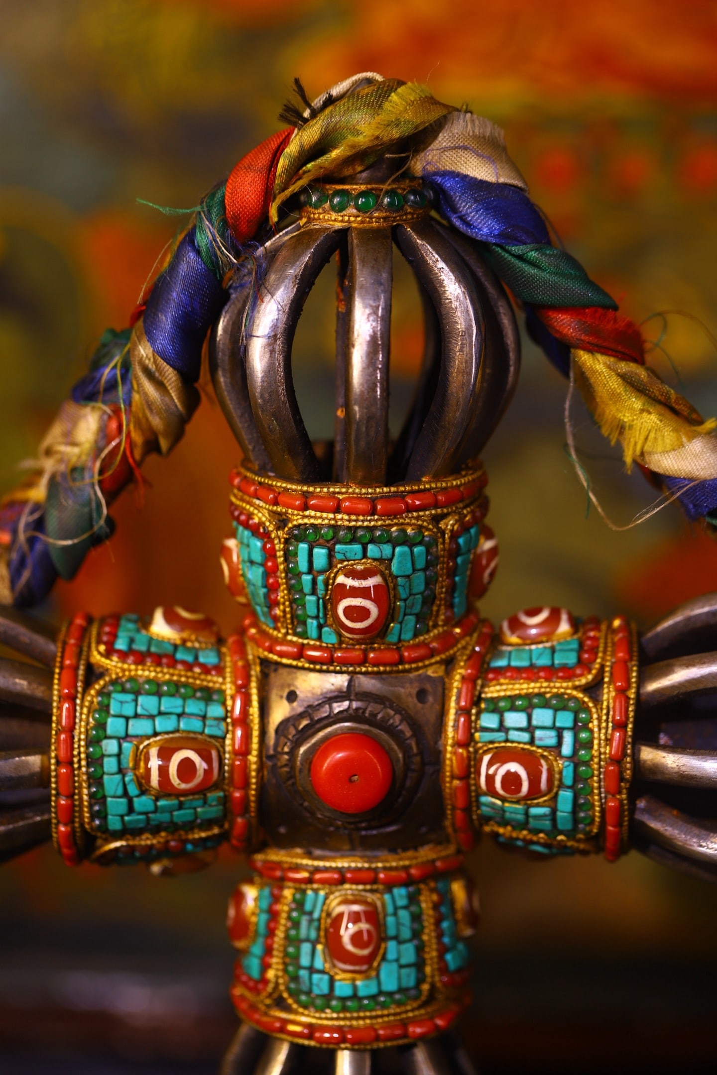 Tibetan Iron Inlay DZI Agate,Turquoise Statue - Pestle xiangmo - 5