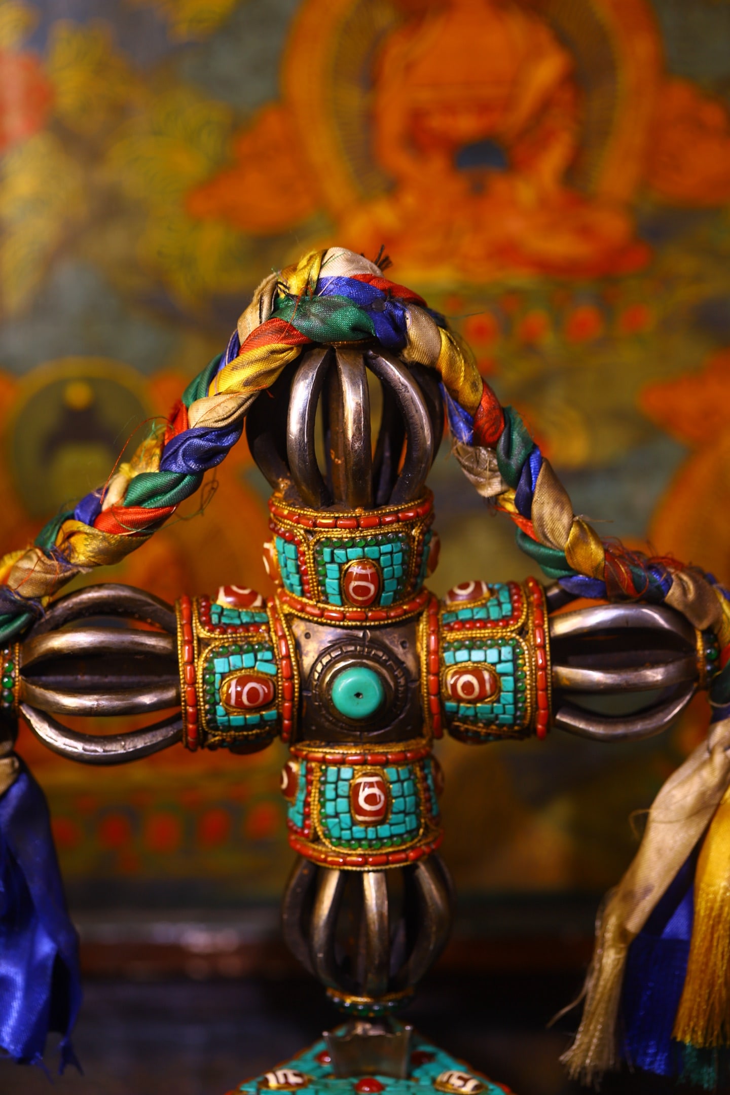 Tibetan Iron Inlay DZI Agate,Turquoise Statue - Pestle xiangmo - 6