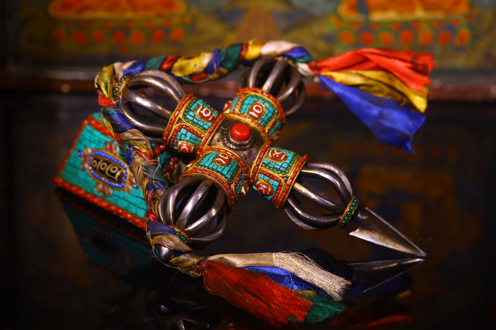 Tibetan Iron Inlay DZI Agate,Turquoise Statue - Pestle xiangmo - 7