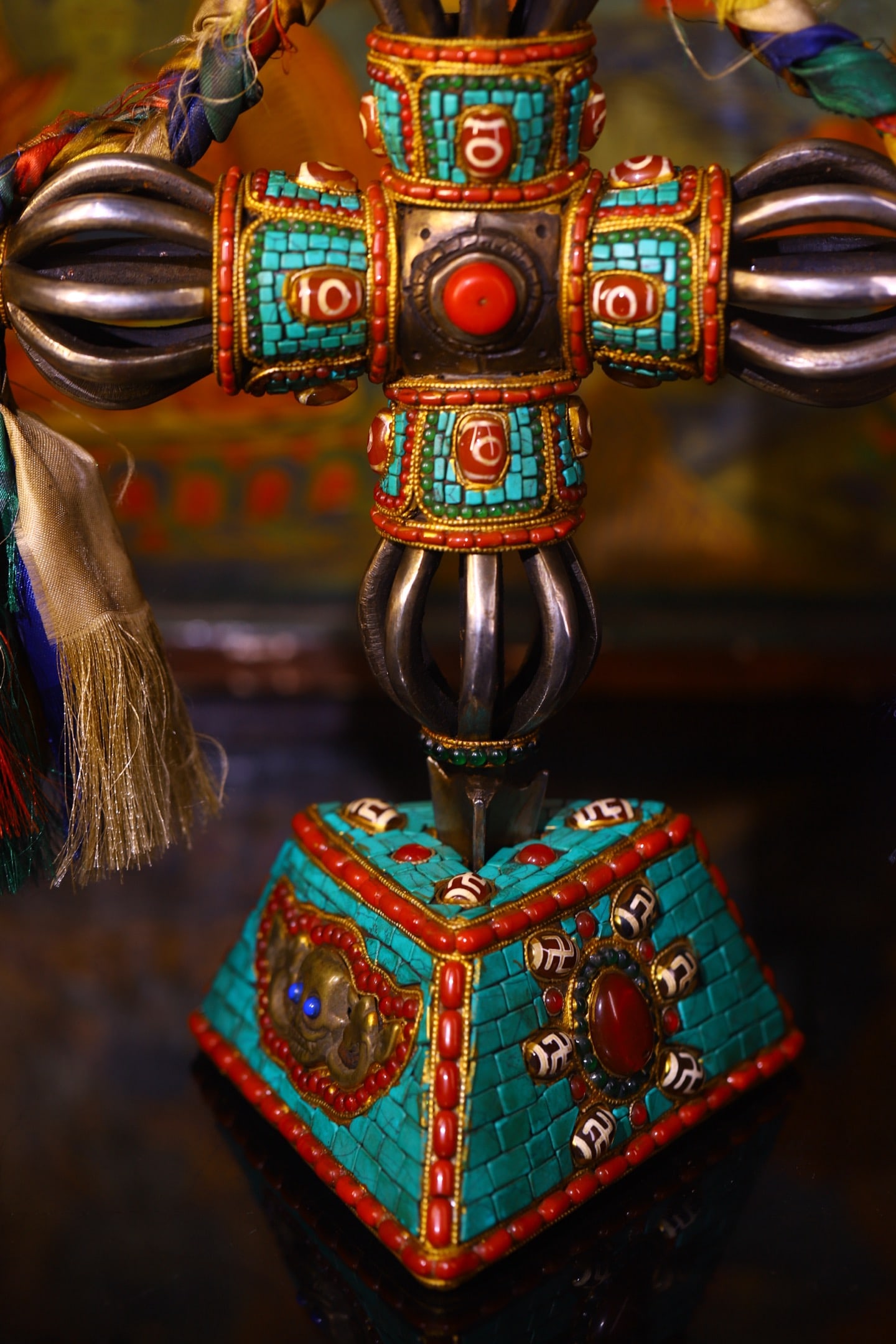 Tibetan Iron Inlay DZI Agate,Turquoise Statue - Pestle xiangmo - 8