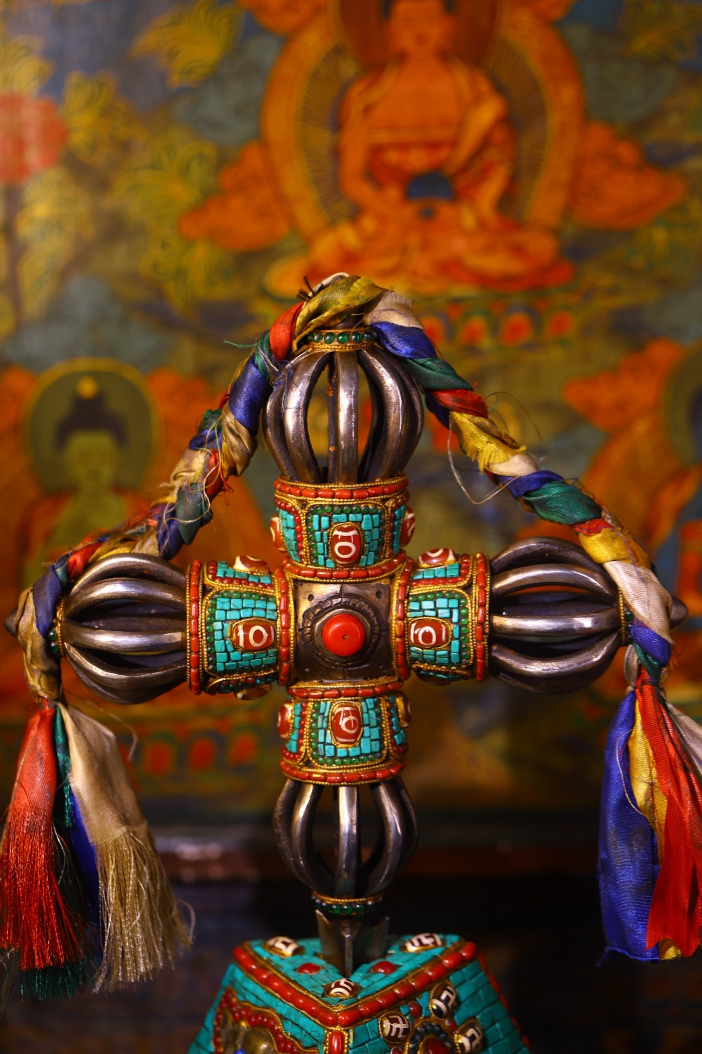 Tibetan Iron Inlay DZI Agate,Turquoise Statue - Pestle xiangmo - 9