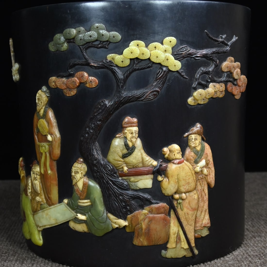 Zitan Wood Inlay Shell,Shoushan Stone,Gem Figure Brush Pot - 4