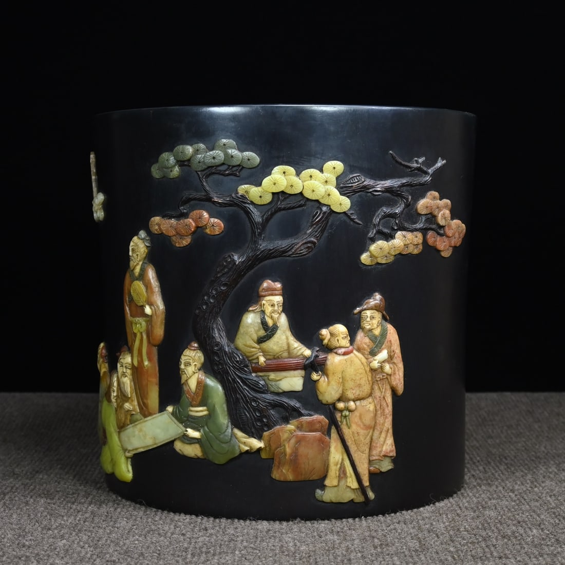 Zitan Wood Inlay Shell,Shoushan Stone,Gem Figure Brush Pot - 5