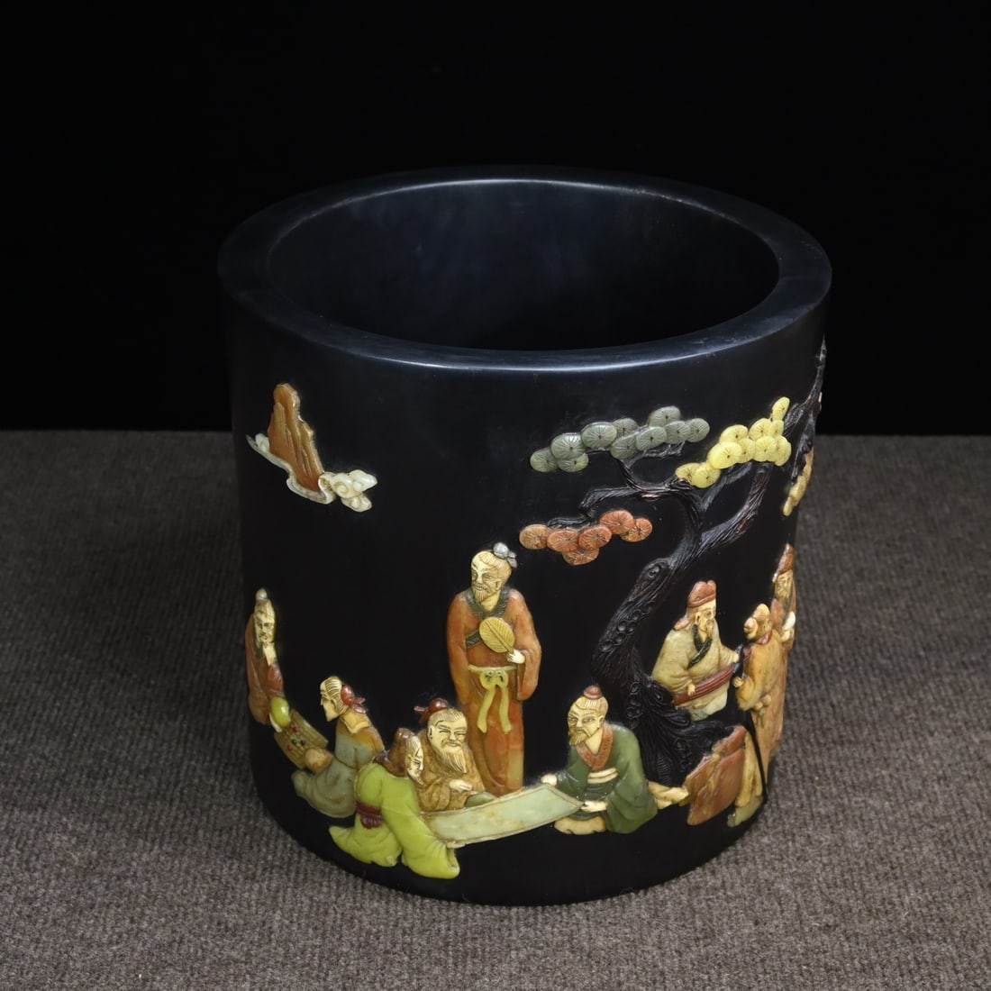 Zitan Wood Inlay Shell,Shoushan Stone,Gem Figure Brush Pot - 9