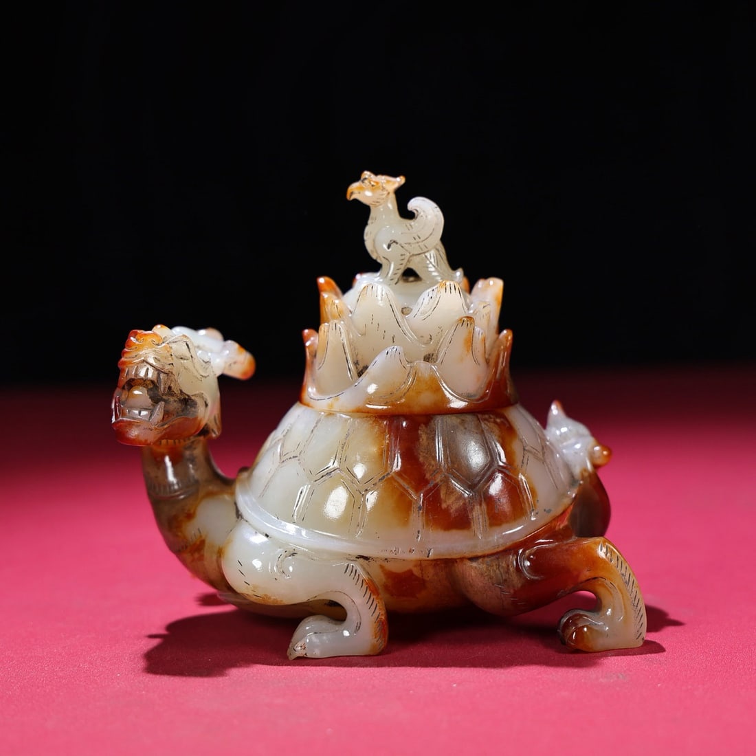 Hetian Jade Incense Burner Statue Dragon Turtle,Phoenix: Title: Hetian Jade Incense Burner Statue Dragon Turtle,Phoenix Origin: Chinese Date/Period: After1850 Materials: Hetian Jade Dimensions: 123x75x115(mm) 4.84x2.95x4.53(inches) Weight 1.13 lbs/514g Rese