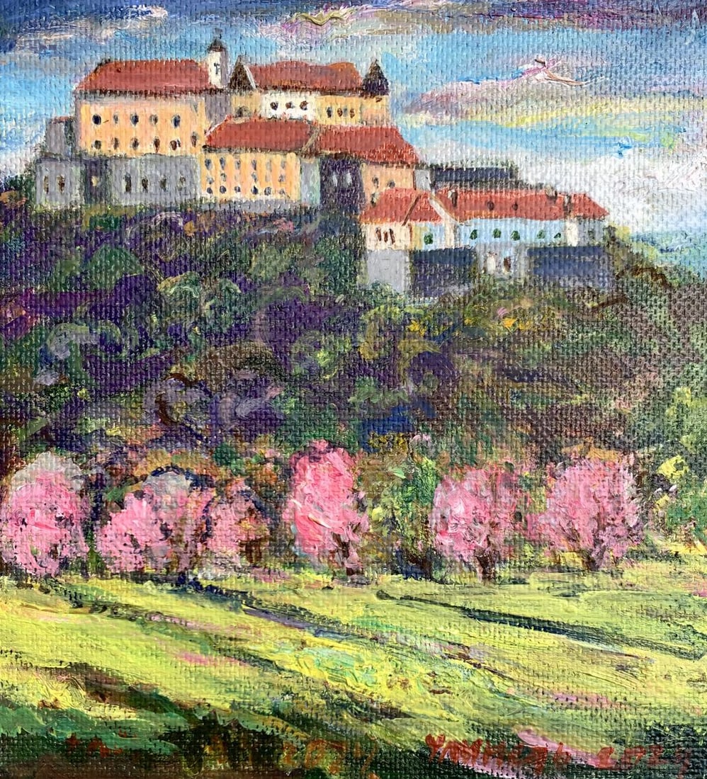 Oil painting Castle in the mountains Yu. Ulinets: Title: Oil painting Castle in the mountains Yu. Ulinets Description: №AAA3296 "Castle in the Mountains" is a captivating Oil painting that portrays a majestic castle perched atop a verdant