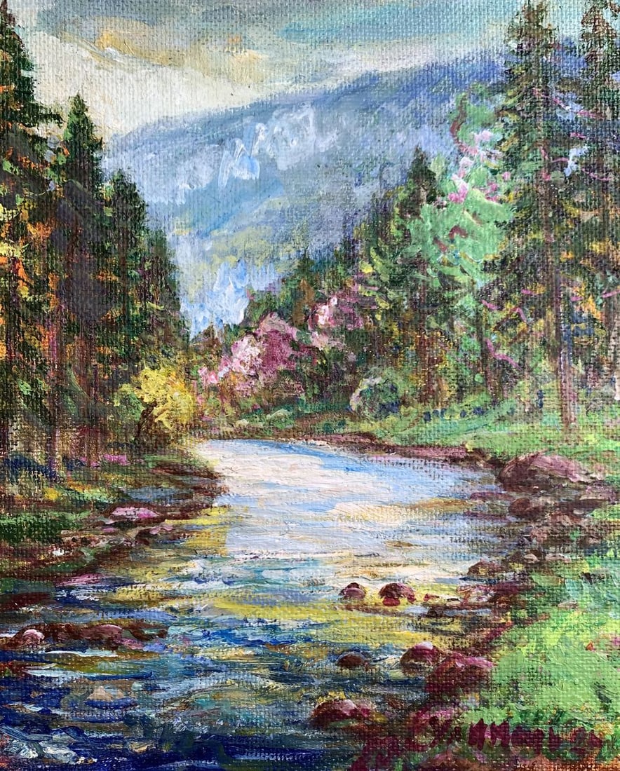 Oil painting Calm stream in the mountains Yu. Ulinets: Title: Oil painting Calm stream in the mountains Yu. Ulinets Description: №AAA3297 "Calm Stream in the Mountains" is an enchanting Oil painting that captures the serene beauty of a tranquil