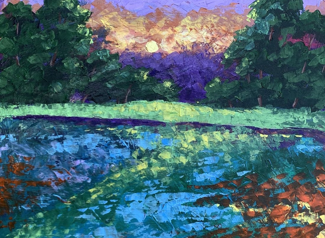 Oil painting Sunset behind the trees V. Zadorozhnya: Title: Oil painting Sunset behind the trees V. Zadorozhnya Description: №AAA3334 "Sunset Behind the Trees" is an enchanting Oil painting that captures the serene and magical moment of a sunset