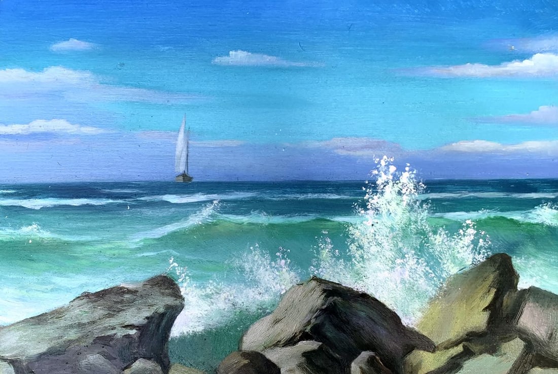 Oil painting Sea waves Mykhailo Burdylo: Title: Oil painting Sea waves Mykhailo Burdylo Description: №AAA3421 The painting titled "Sea Waves" captures the timeless beauty and raw energy of the ocean. The composition centers on a