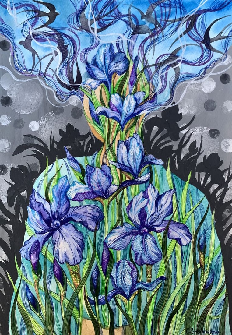 Watercolor painting Meditation Olga Ponomaryva: Title: Watercolor painting Meditation Olga Ponomaryva Description: №AAA3454 The painting "Meditation" is a vivid and deeply symbolic work rendered in watercolor, acrylic, and pencil on paper.