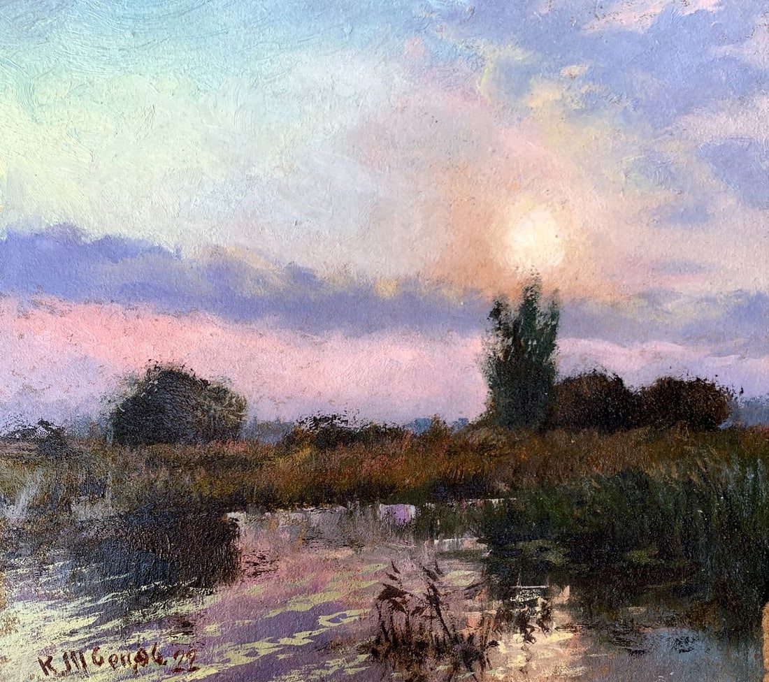 Oil painting Sun in the field Unknown artist: Title: Oil painting Sun in the field Unknown artist Description: №AAA3464 The painting titled "Sun in the Field" is a serene and poetic depiction of a tranquil landscape bathed in the warm,