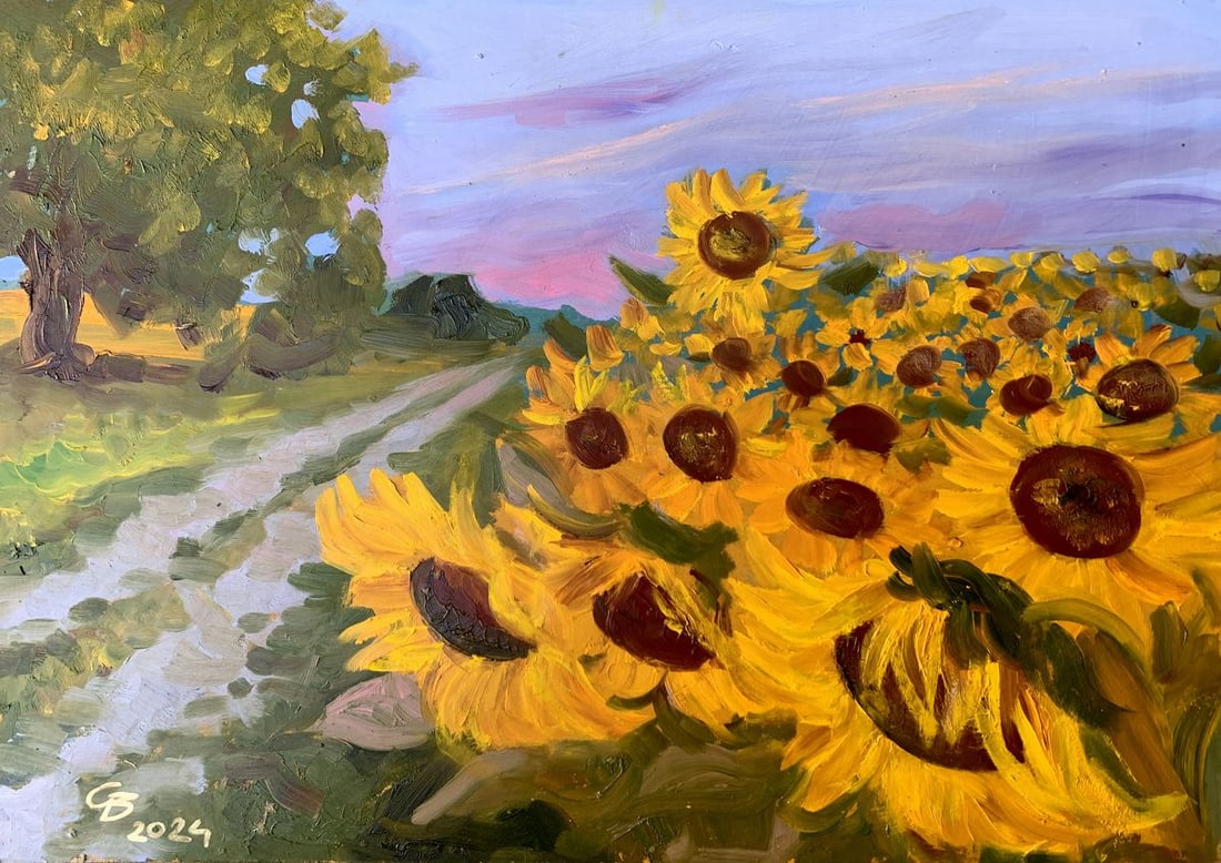 Oil painting Sunflowers along the road Valentina Simashchuk: Title: Oil painting Sunflowers along the road Valentina Simashchuk Description: №AAA3574 The painting titled "Sunflowers along the Road", created with oil on cardboard, captures the vibrant esse