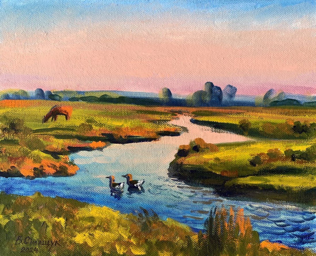 Oil painting Ducks in the river Valentina Simashchuk: Title: Oil painting Ducks in the river Valentina Simashchuk Description: №AAA3578 The painting "Ducks in the River", created with oil on cardboard, is a serene portrayal of a picturesque rural l