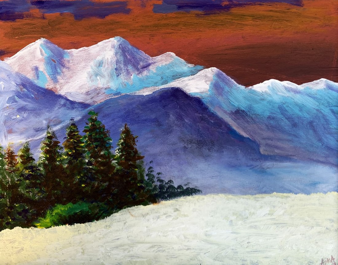 Oil painting New Year's Alps Dmitry Arkadyev: Title: Oil painting New Year's Alps Dmitry Arkadyev Description: №AAA3593 The painting titled "New Year's Alps" is a vivid and striking depiction of the majestic Alpine mountains during the holi