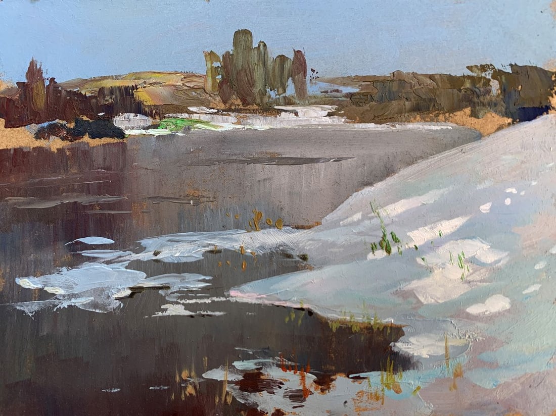 Oil painting Thawed river Yuriy Suprunchuk: Title: Oil painting Thawed river Yuriy Suprunchuk Description: №AAA3627 The painting "Thawed River" depicts a serene and reflective moment in nature, capturing the transitional beauty of early s
