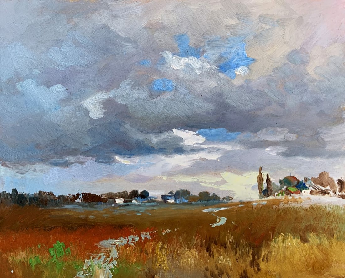 Oil painting Not far from the village Yuriy Suprunchuk: Title: Oil painting Not far from the village Yuriy Suprunchuk Description: №AAA3642 The painting "Not Far from the Village" captures the quiet and expansive beauty of a rural landscape just outs