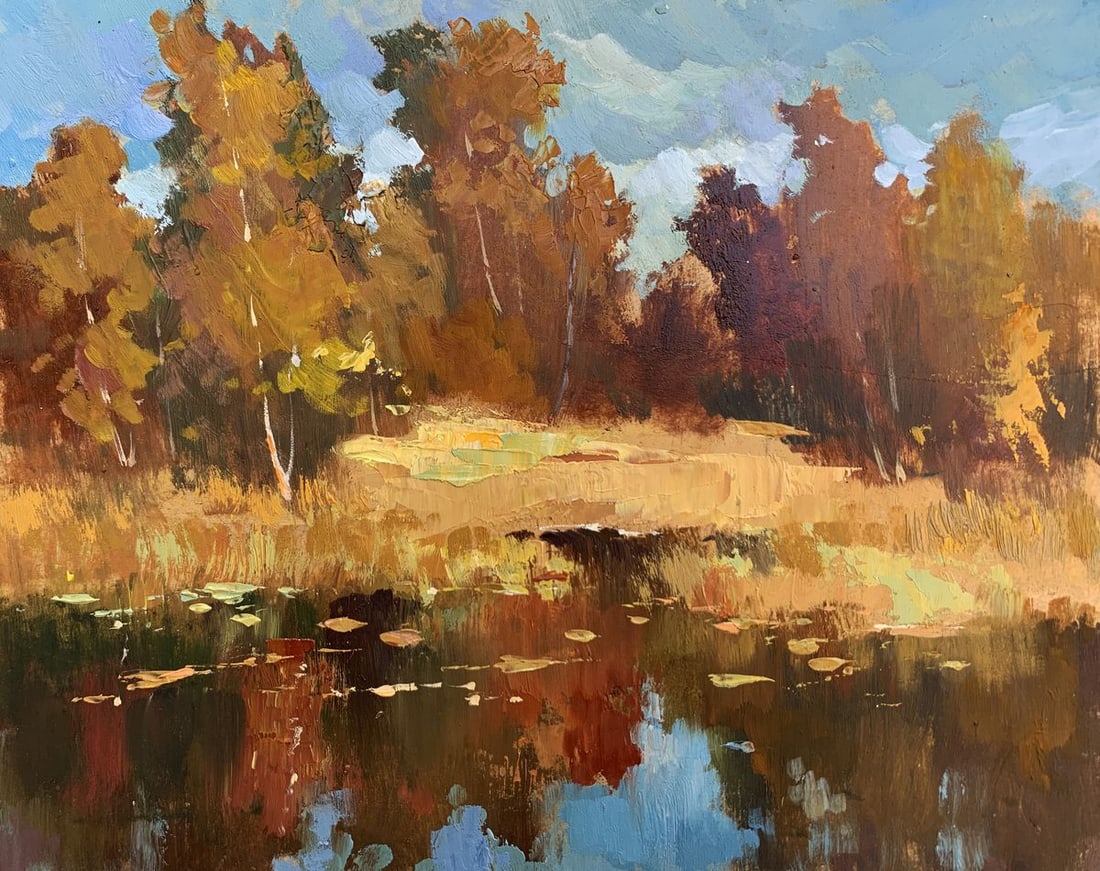 Oil painting Golden autumn and gentle river Yuriy Suprunchuk: Title: Oil painting Golden autumn and gentle river Yuriy Suprunchuk Description: №AAA3643 The painting "Golden Autumn and Gentle River" captures the rich, warm beauty of an autumnal landscape, w