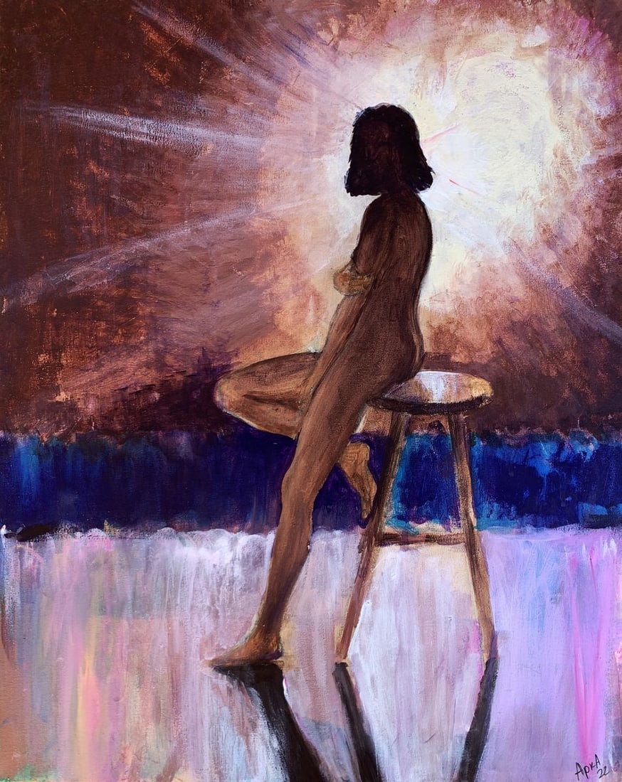 Oil painting Shines like the sun Dmitry Arkadyev: Title: Oil painting Shines like the sun Dmitry Arkadyev Description: №AAA3592 The painting titled "Shines like the Sun" captures the silhouette of a woman seated gracefully on a wooden stool, il